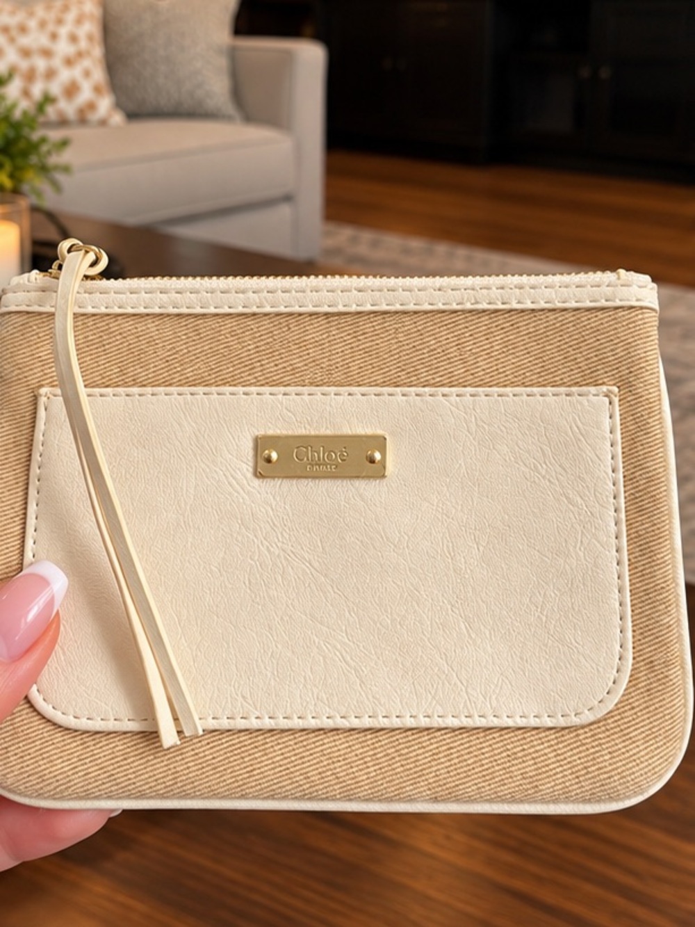 NEW CHLOE PARFUM Beige and White Cosmetic Makeup Canvas Bag